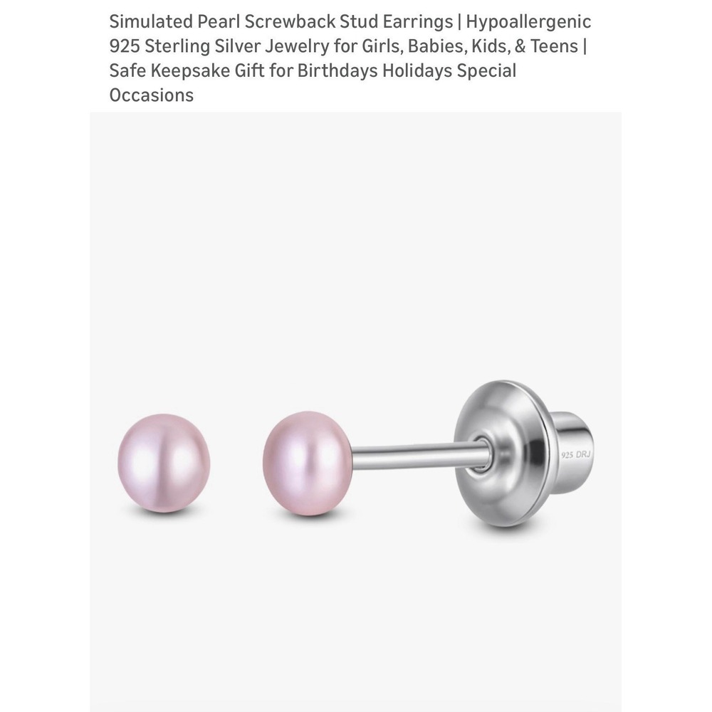 Simulated Pearl 925 Sterling Silver Hypoallergenic Screwback Stud Earrings Pink